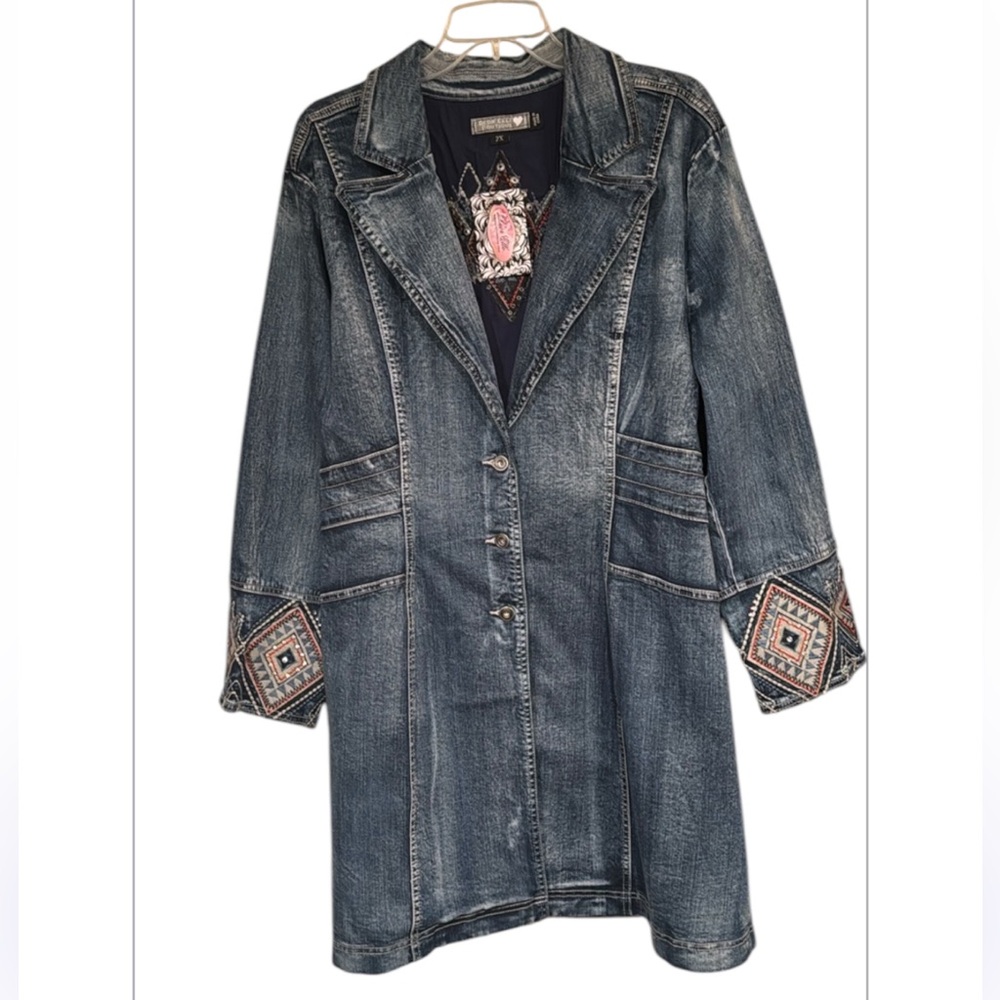 Boutique Name Women's Denim Long Jacket Aztec Diamond Print Design Size 2XL NEW